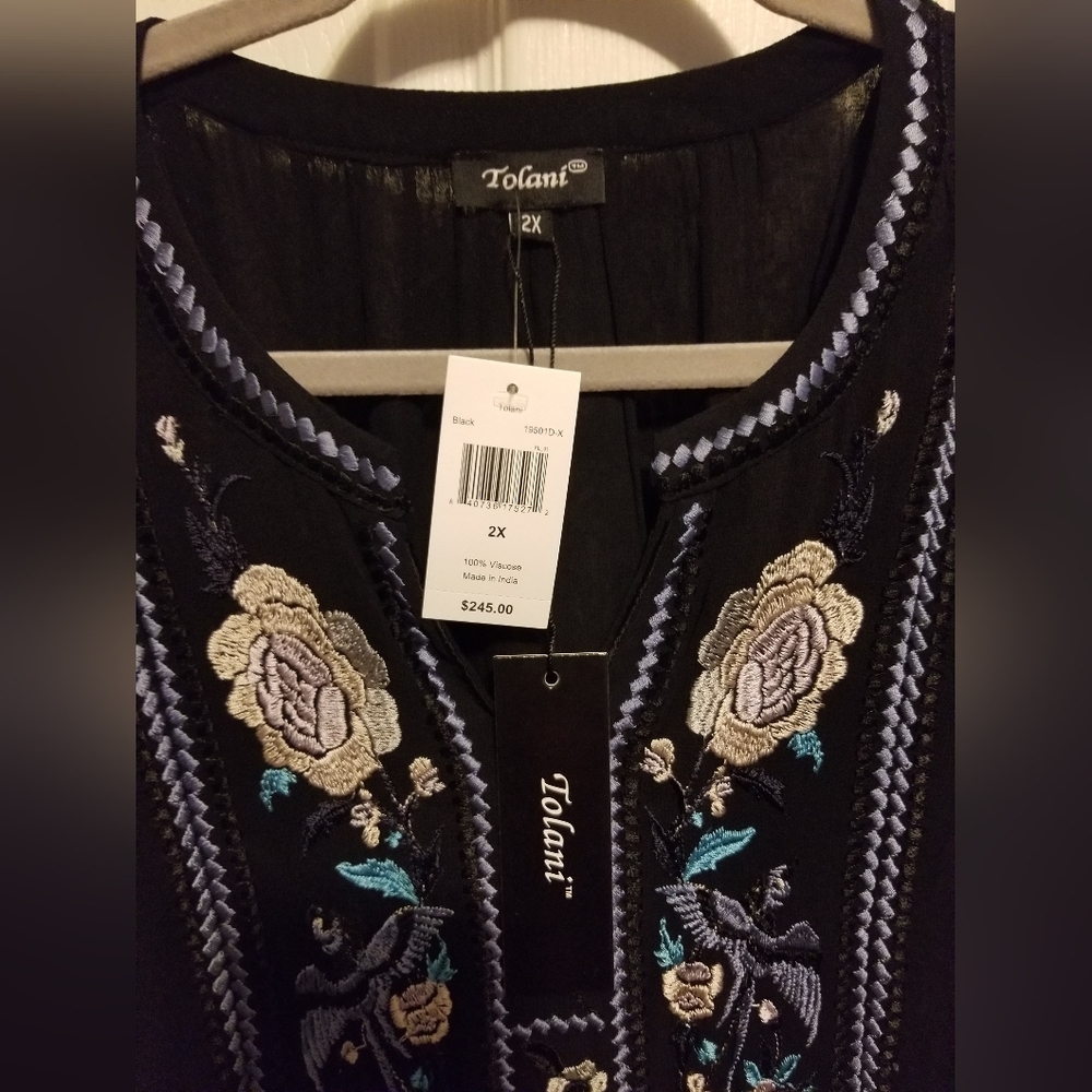 NWT Tolani Embroidered Dress Womens Large Black Lined Reched Sleeves - Picture 8 of 11